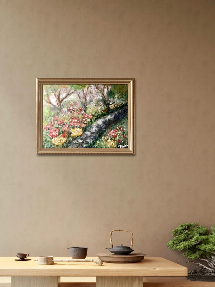 Flower garden original oil pastel painting,flowers painting,forest painting, colourful flowers,affordable gift wall hanging home decoration.
