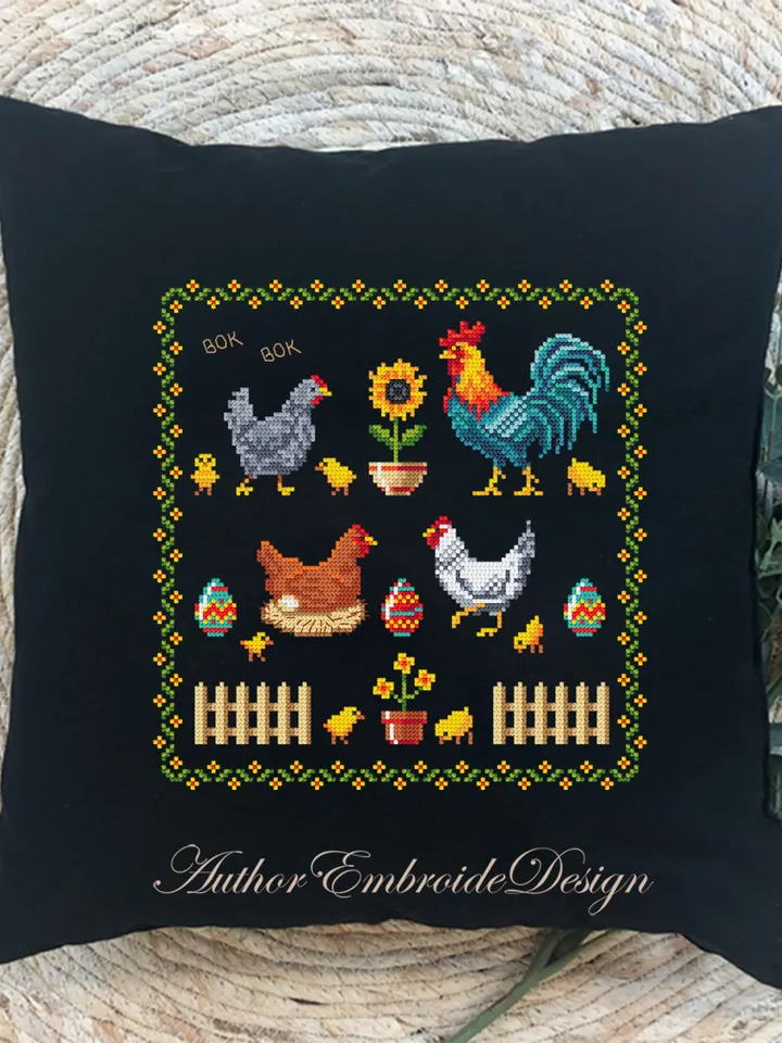 Rooster and Chicken sampler cross stitch pattern PDF download, Easter sampler pattern digital PDF, Farmhouse chicken wall decor #T36