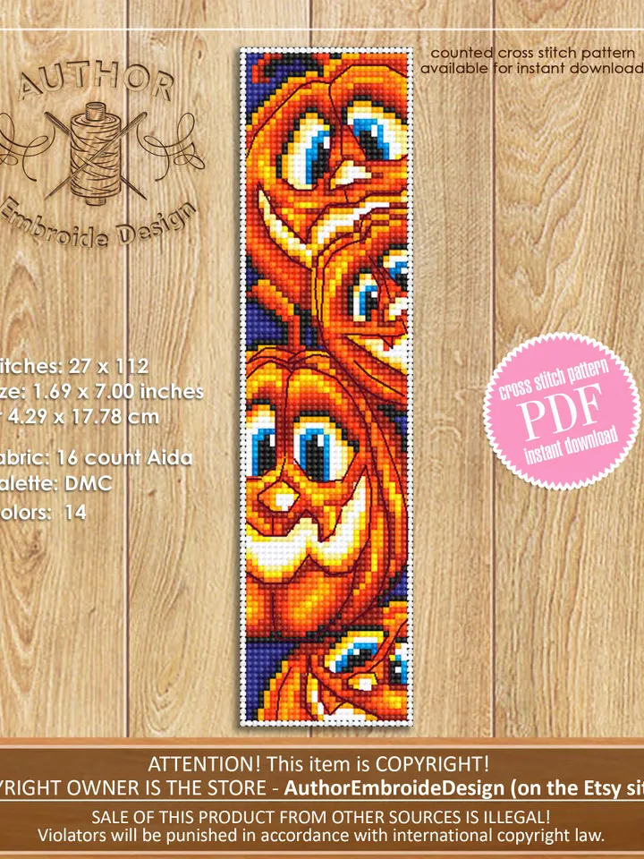 Halloween bookmark set cross stitch pattern PDF download Halloween pumpkin cross stitch, Bookmark pattern digital PDF, Black cat, Bat #B235