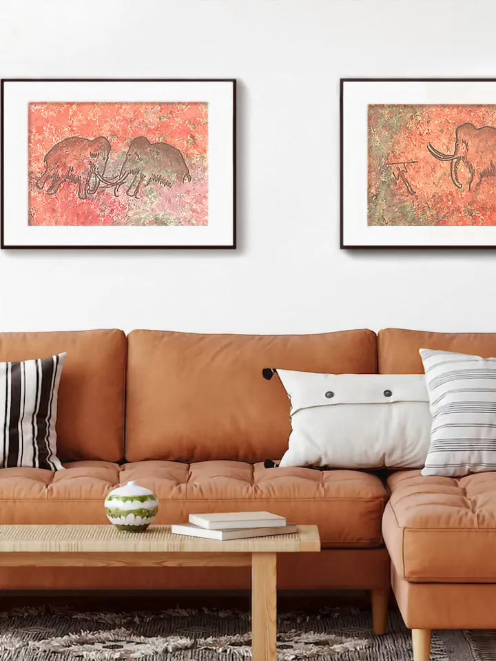 Hunter and mammoth wall art | Original Pastel and Watercolor Artwork Ancient Cave Painting Style 30x40 cm | Hunter Prehistoric art | Handmade Artwork | Mammoths stylization of rock art | Drawings of a prehistoric man | Modular painting