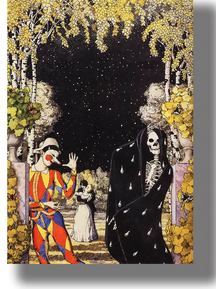 Harlequin and Death. Gloomy poster with a skeleton.