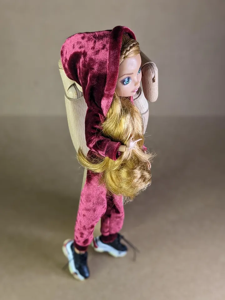 Handmade burgundy velvet hoodie & pants set for 10.5 inch female dolls