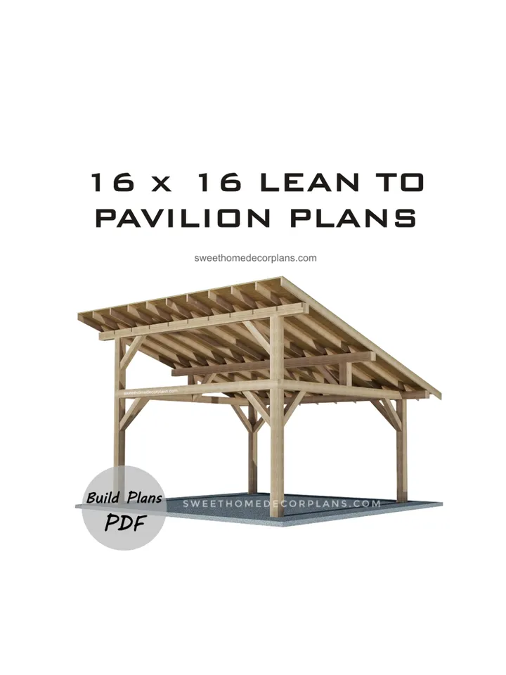 Diy 16 x 16 lean to pavilion plans in pdf. Carport plans. Wooden covered gazebo outdoor plans. Timber frame backyard pavilion plans.