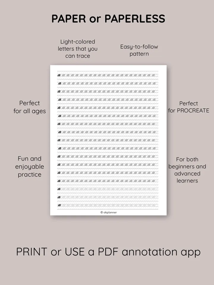 Printable Traceable Calligraphy Worksheets for Capital & Lowercase Letters. Cursive handlettering practice for adults. Printable writing templates. Downloadable cursive handwriting worksheets.