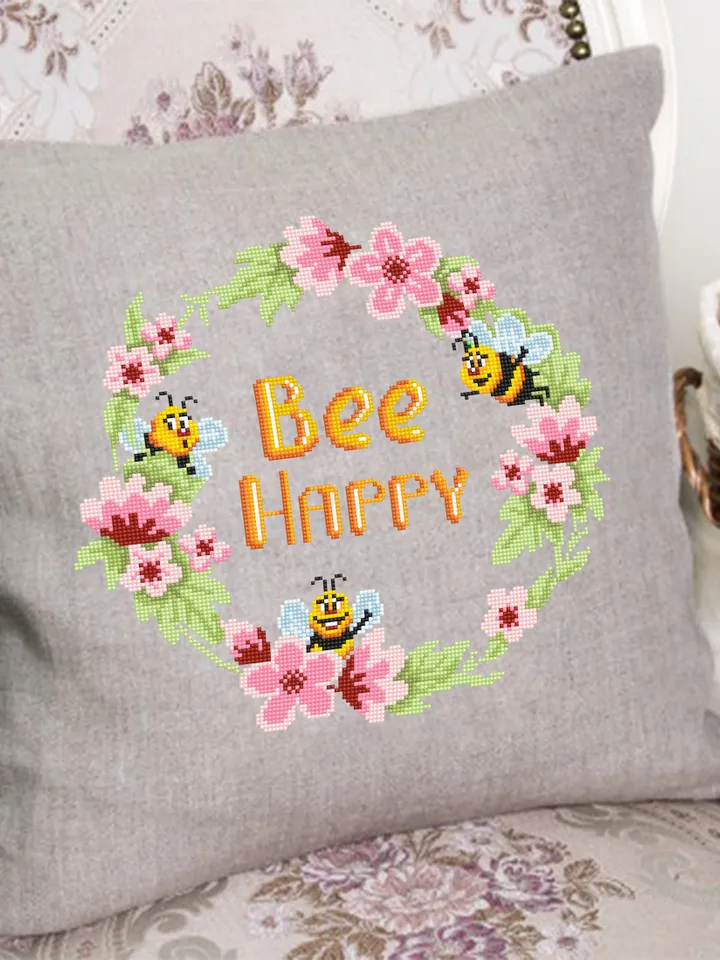 Honey bee cross stitch pattern download PDF, Bee Happy cross stitch Floral wreath cross stitch chart Framed quote embroidery, Bee decor #Q48