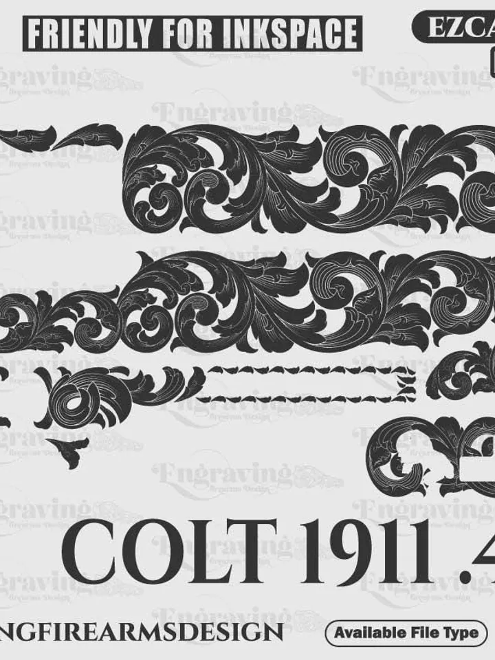 Colt1911 .45 Scroll Svg | VectorBundle LaserEngraving Svg,lasercut,fiberlaser,engravingfiles,laserpattern,,engravingpattern,metalart