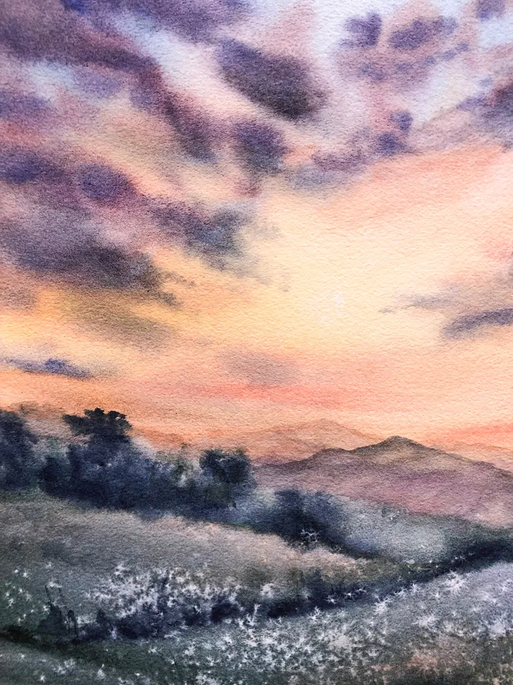 Sunset Painting Original Watercolor Landscape Cloud Painting Original Sky Wall art