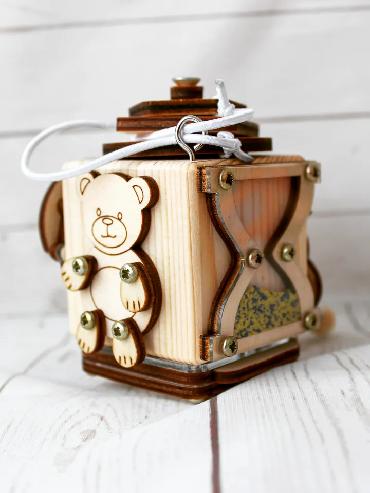 Busy cube mini - bear, wooden baby fidget toy, montessori toy for toddlers