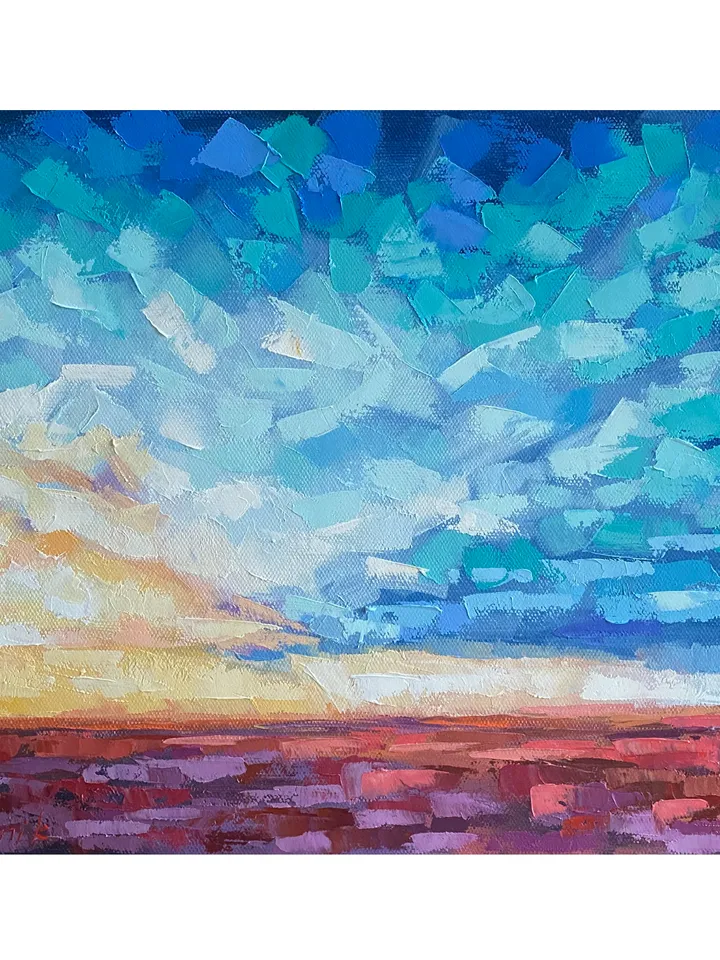 Seascape Painting Ocean Original Art Abstract Landscape Artwork Oil On Canvas 14x18" Sunset Clouds Wall Art