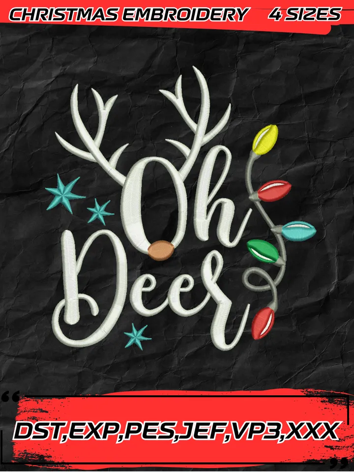 Oh Ceer Christmas Lights Reindeer Embroidery Design,Christmas Embroidery Design,4 Sizes, Digital Download