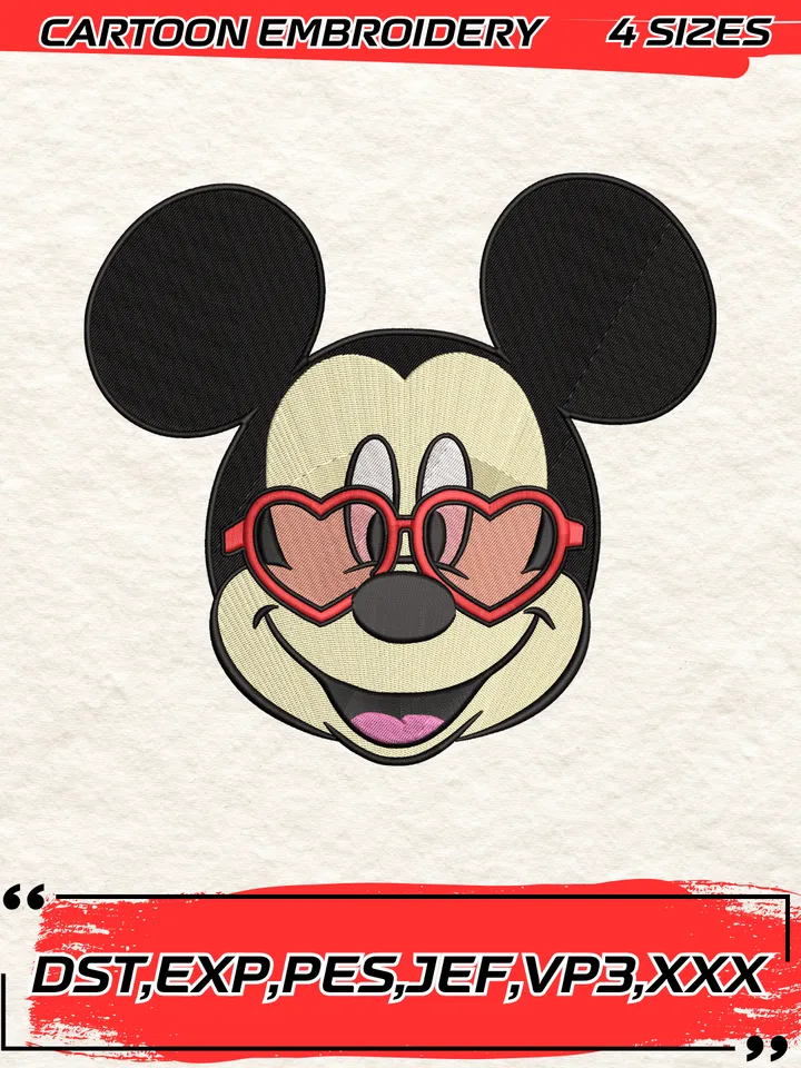 Mickey Mouse Wearing Rosy Heart-Shaped Glasses Embroidery Design,Mickey Mouse Embroidery Design,4 Sizes, Digital Download