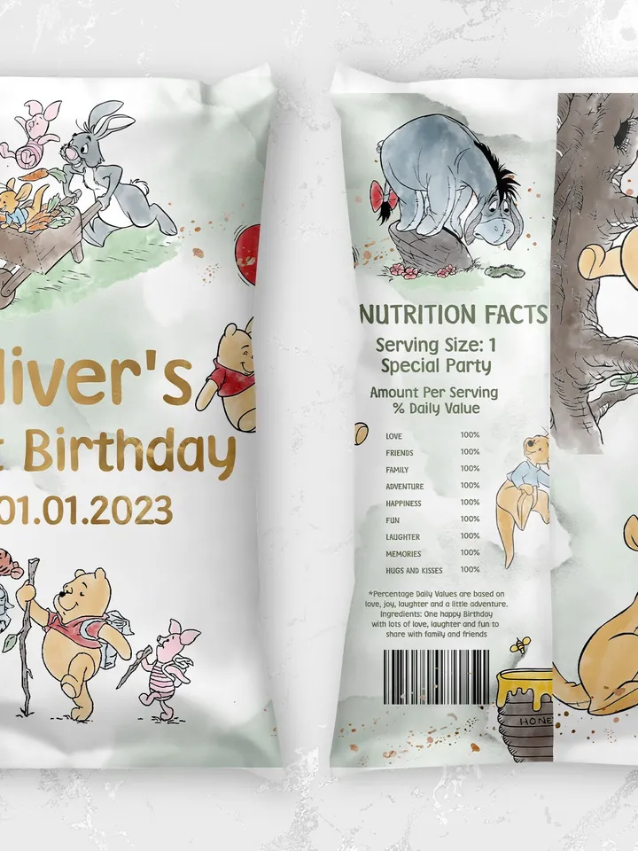 Editable Chips Bag Label Birthday Party; Winnie the Pooh 1st Birthday; Printable Chips Bag Potato Label; Winnie Pooh Party Decoration; WPG15