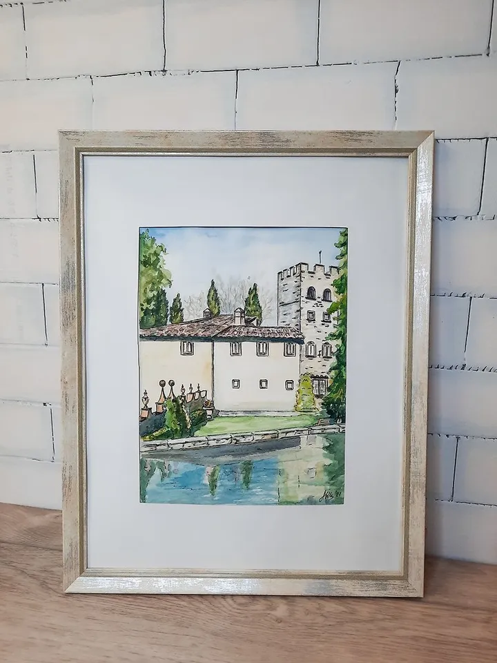 Original Watercolor painting Landscape Old castle Italy painting House painting