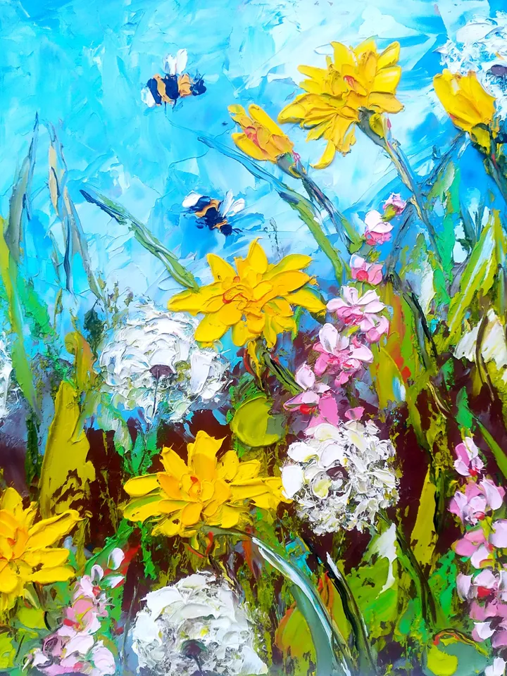 Honeybee Painting Dandelion Original Art Floral Impasto Painting Dandelion Wall Art Flowers Wall Art by ArtProkopaloSv