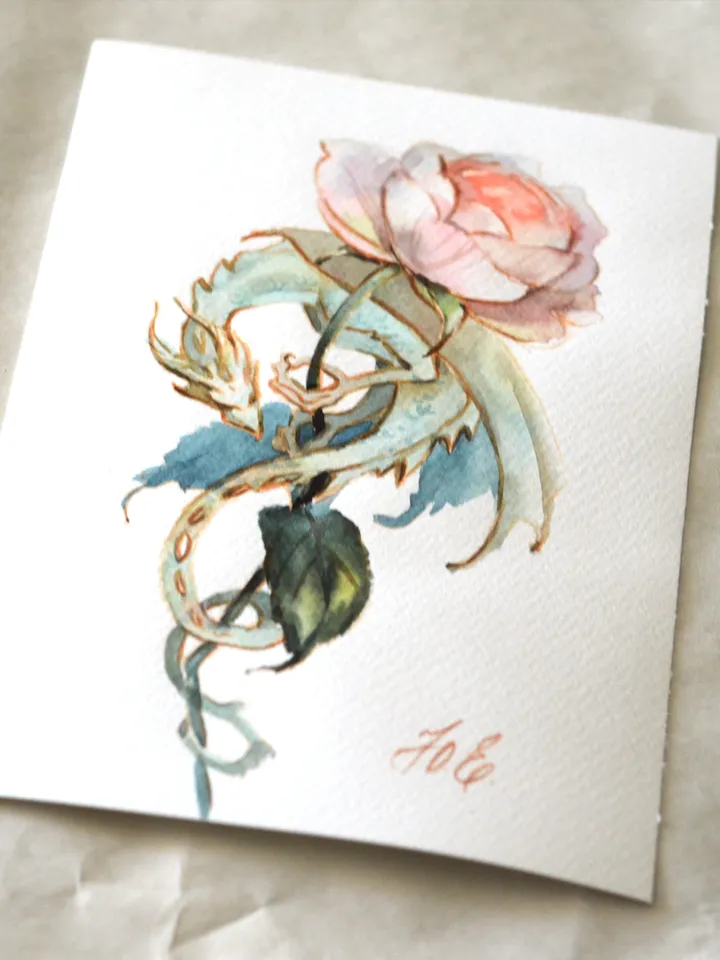 Rose dragon Watercolor painting Original fantasy art by Yulia Evsyukova