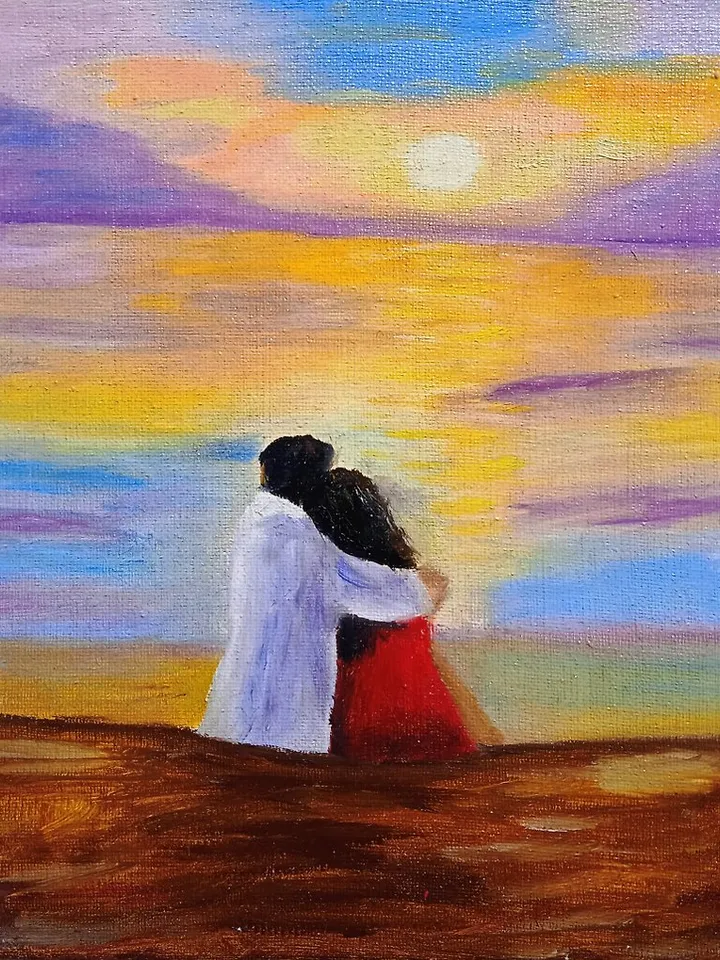 Painting with lovers on the seashore Sunset on the sea Romantic painting