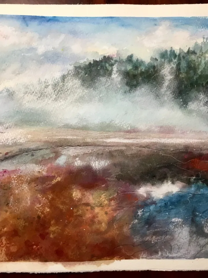 Grand Teton and Yellowstone national USA parks,landscape original watercolor painting,semi-abstract,nature painting,holiday memory gifts