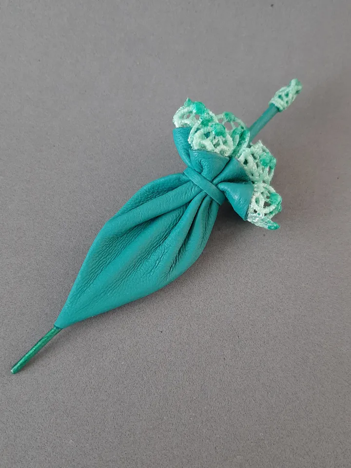 Leather brooch Turquoise umbrella for her , 3rd anniversary gift for wife, Leather women's jewelry