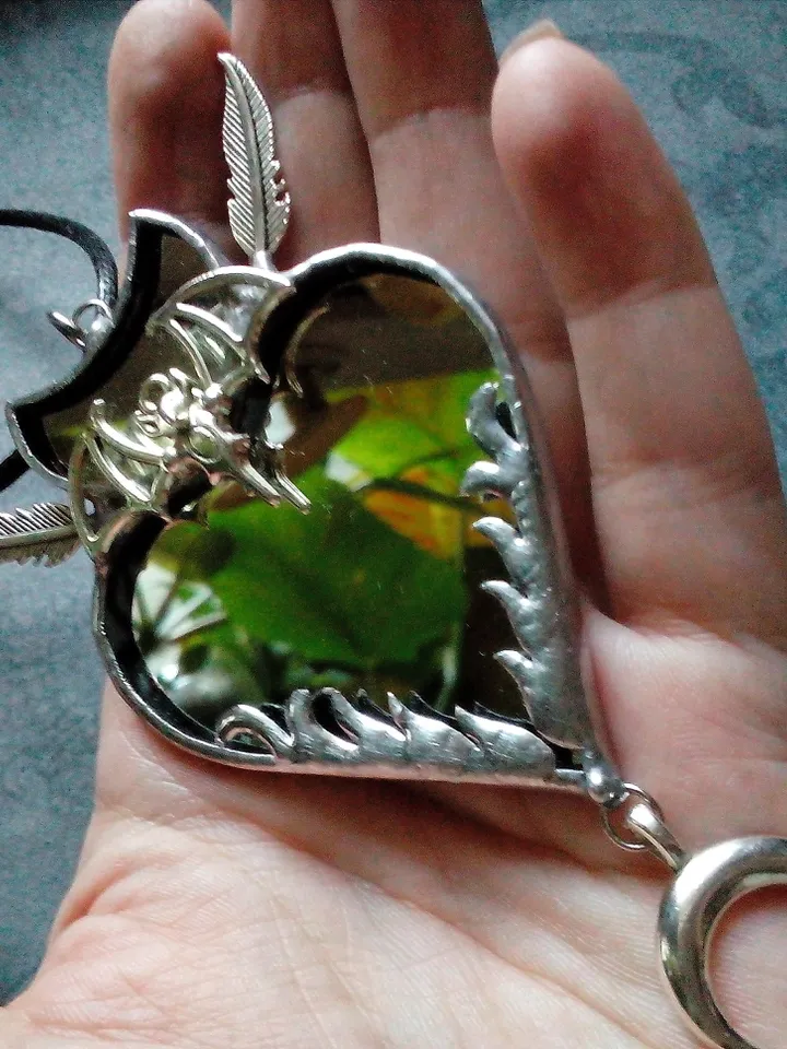 Stained glass scrying mirror, Black goth ornate mirror, Bat mirror, Car hanger, Witch mirror, Heart mirror