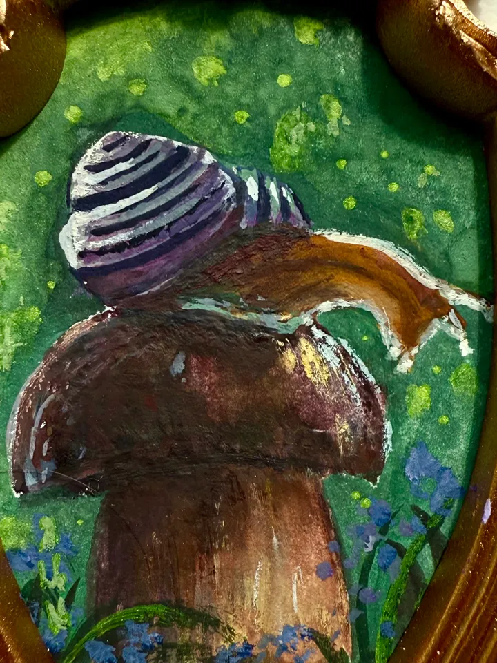 Snail Painting Original In Vintage Style Frame Small Framed Gobllincore Painting Art Slug Art Snail On Mushroom Portrait