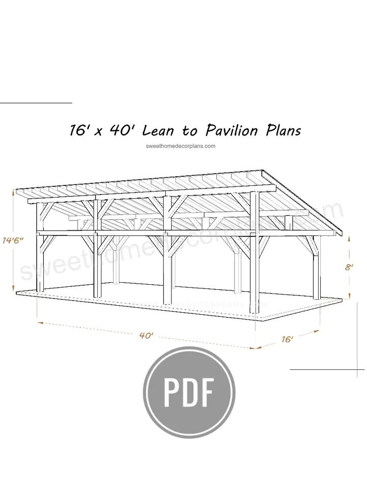 DIY 16 x 40 lean to pavilion plans pdf. Detached carport plans. Wooden covered gazebo outdoor plans. Timber frame backyard garage plans.