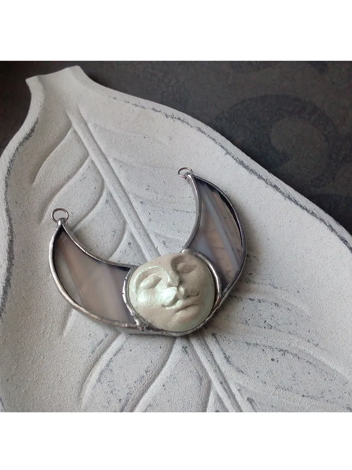 Stained glass moon, Moon Goddess, Moon phase necklace, Stainglass crescent, Full moon pendant, Moon face necklace