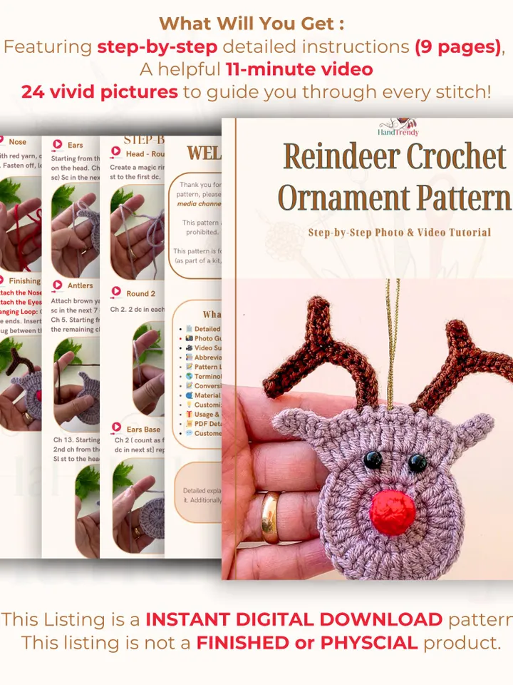 Reindeer Crochet Ornament Pattern, Handmade Holiday Ornament PDF Tutorial for Beginners, Perfect for Christmas Gifts and Decorations