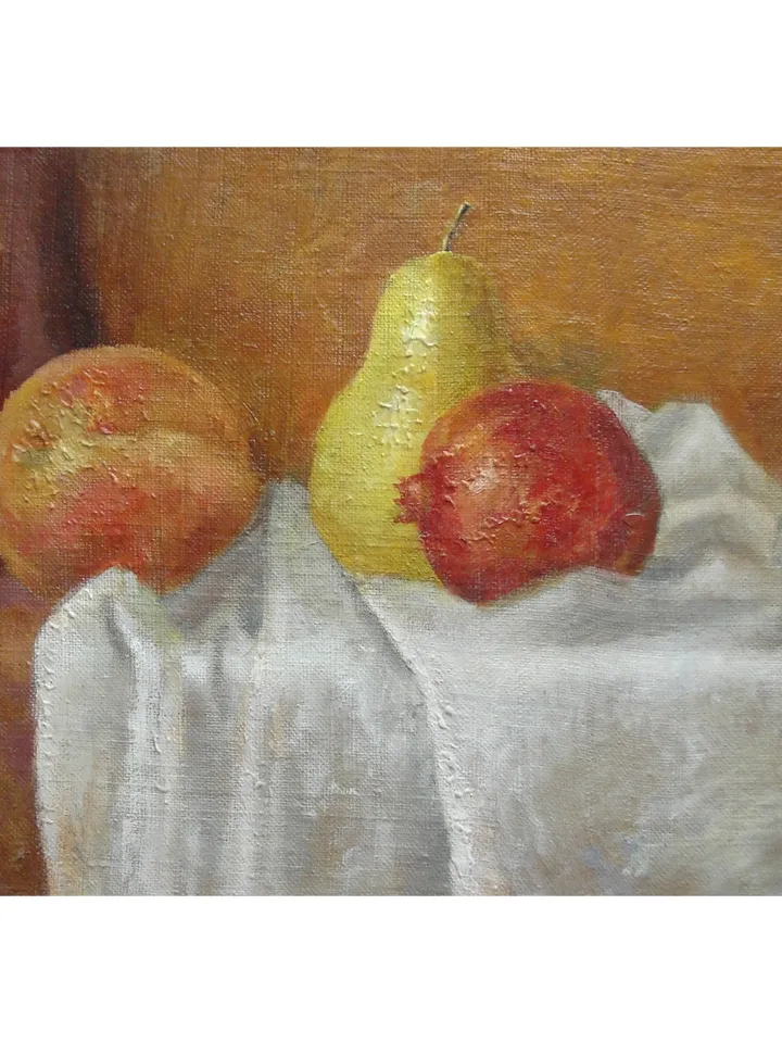 "Peach, pear and pomegranate" fruit oil painting still life original wall art picture small