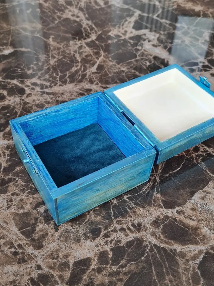 Handmade jewelry box Blue ring box One of a kind Fruits decor on lid Velvet roll