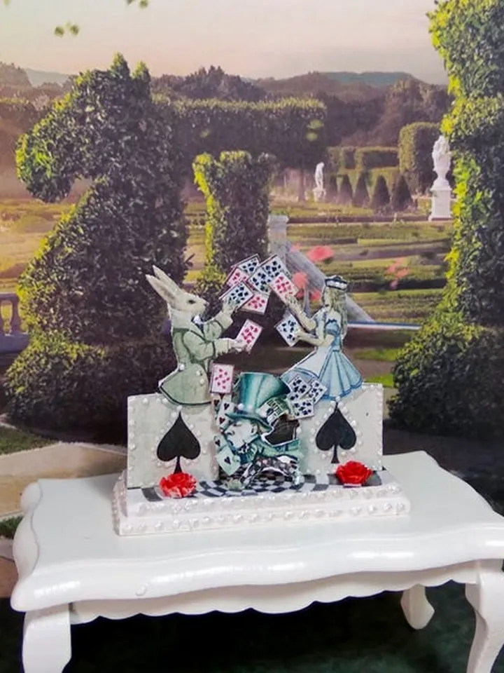 Miniature puppet theater in the style of Alice.Dollhouse miniature.