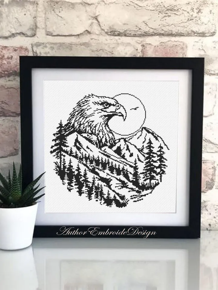 Bald eagle cross stitch pattern PDF download Mountain landscape cross stitch chart, Monochrome nature pattern digital, Beginner stitch #L83