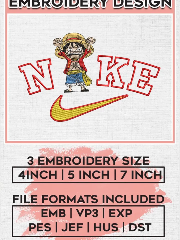 One Piece Nike, Monkey D. Luffy Nike Embroidery Files, Nike Embroidery, Anime Inspired Embroidery Design EMB_ANIME_206
