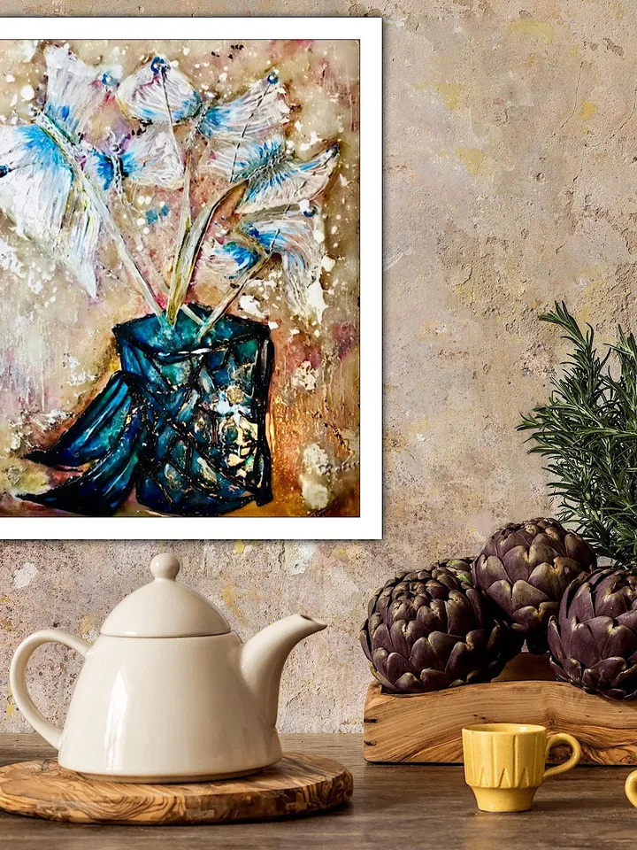 Fantasy butterflies in a vase Poster made from my original stained glass painting,unique design,home decor gift.