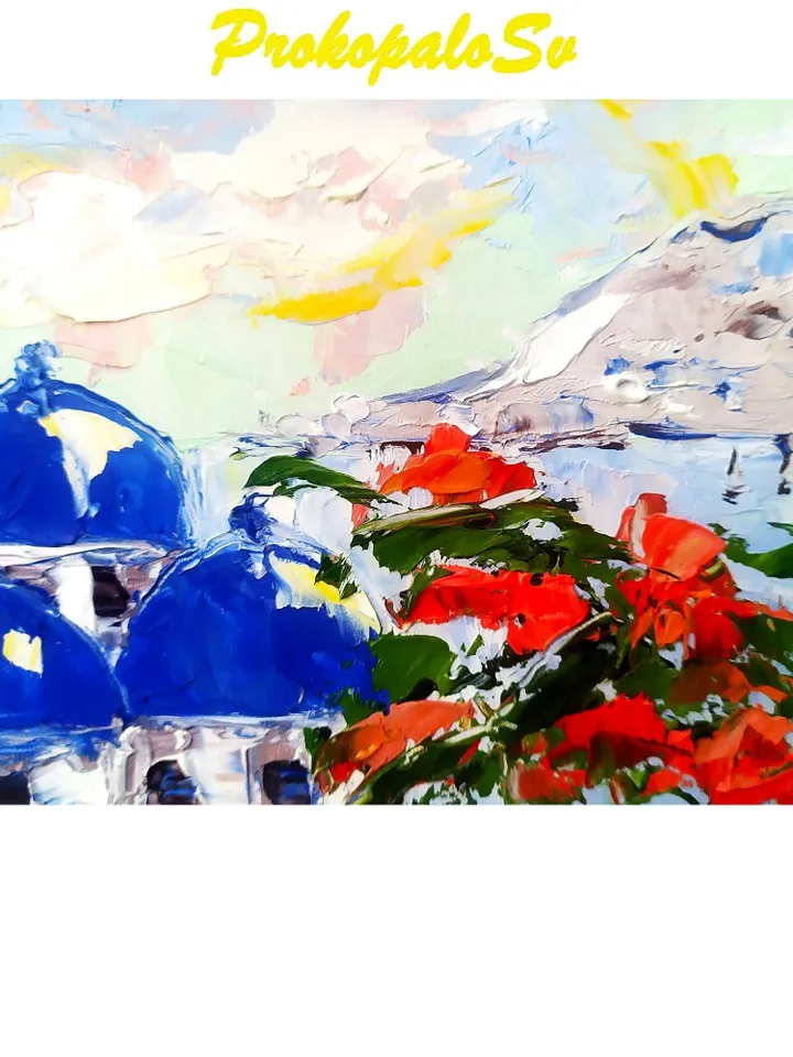 Greece Painting Santorini Oil Painting Original Art Impasto Landscape Greece Wall Art by ArtProkopaloSv