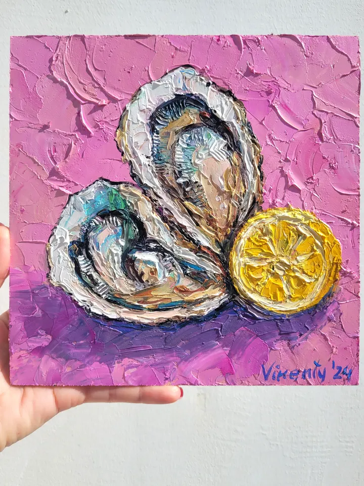 Oyster Painting Lemon Painting Impasto Oil Painting 8x8 Shell Original Art Kitchen Wall Art Seafood Art Coastal Artwork Oyster Food Painting by ArtFromVictoria