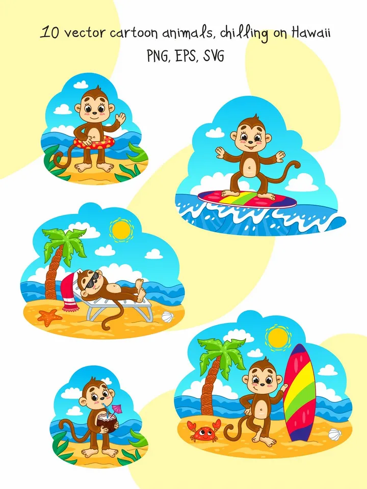 Vector set with cute cartoon Animals on Hawaii