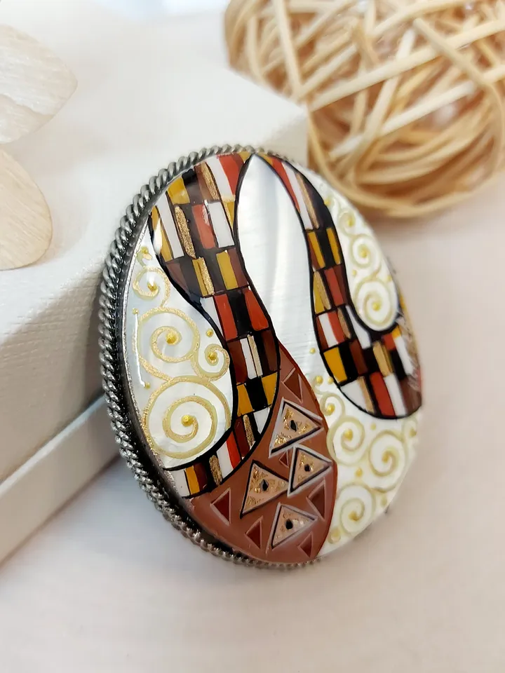 Brooches for women: Art inspired abstract mother of pearl brooch, shell jewelry originally hand-painted in Gustav Klimt's Art Nouvau style
