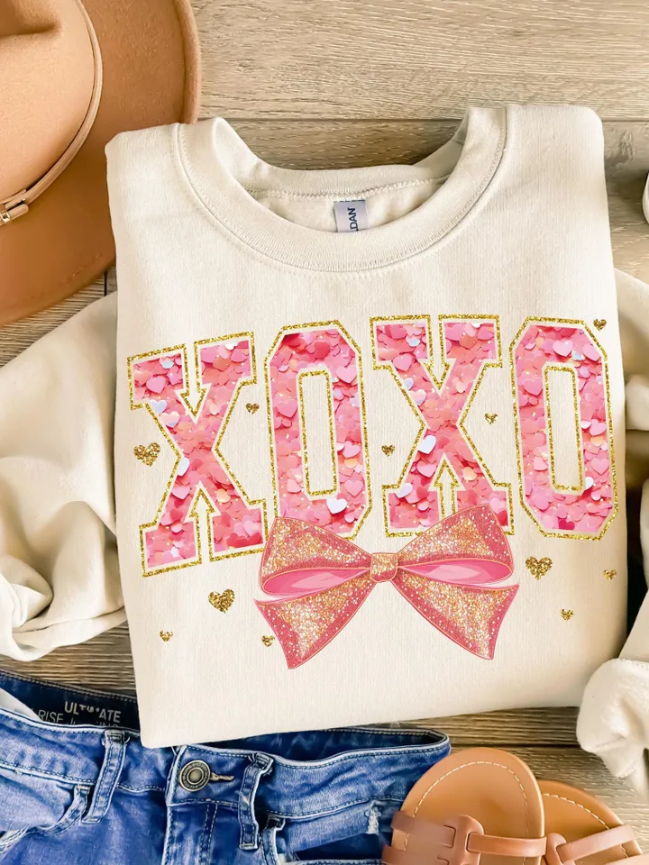 Valentine XOXO Coquette Sparkly Glitter Png, Valentines Day Shirt Design, Valentines Day PNG, Xoxo PNG, Pink Faux Sequins Valentines Png