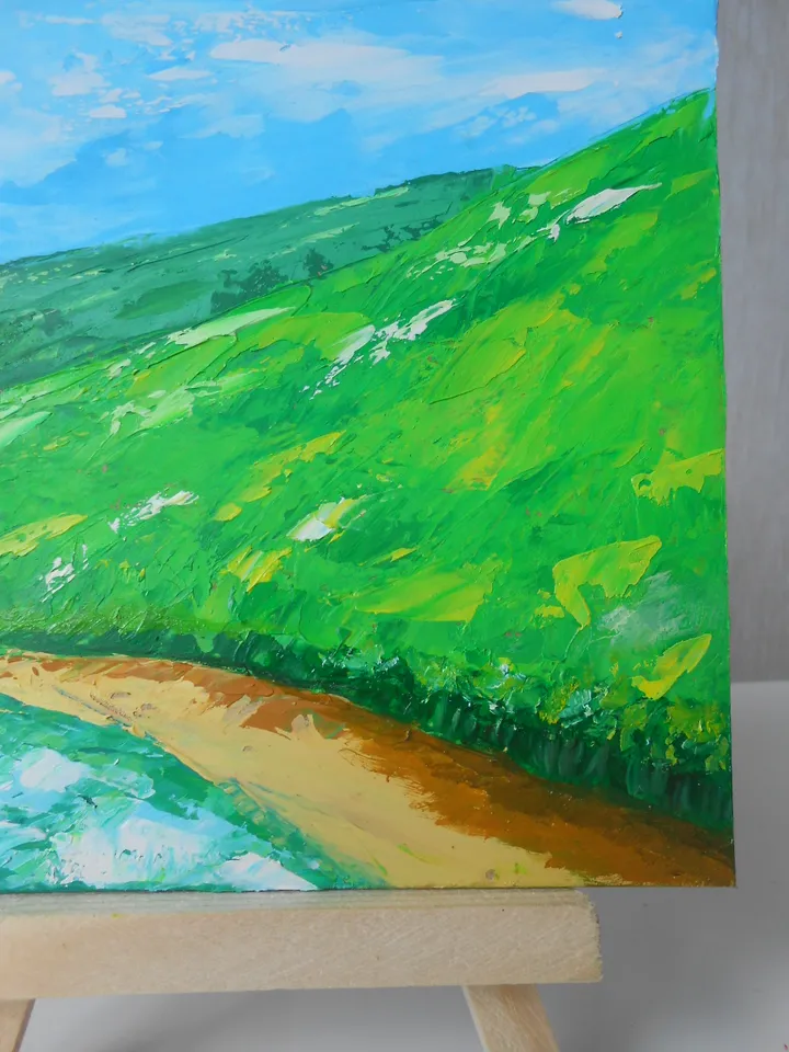 Mountains by the lake. Bright landscape with oil paints.