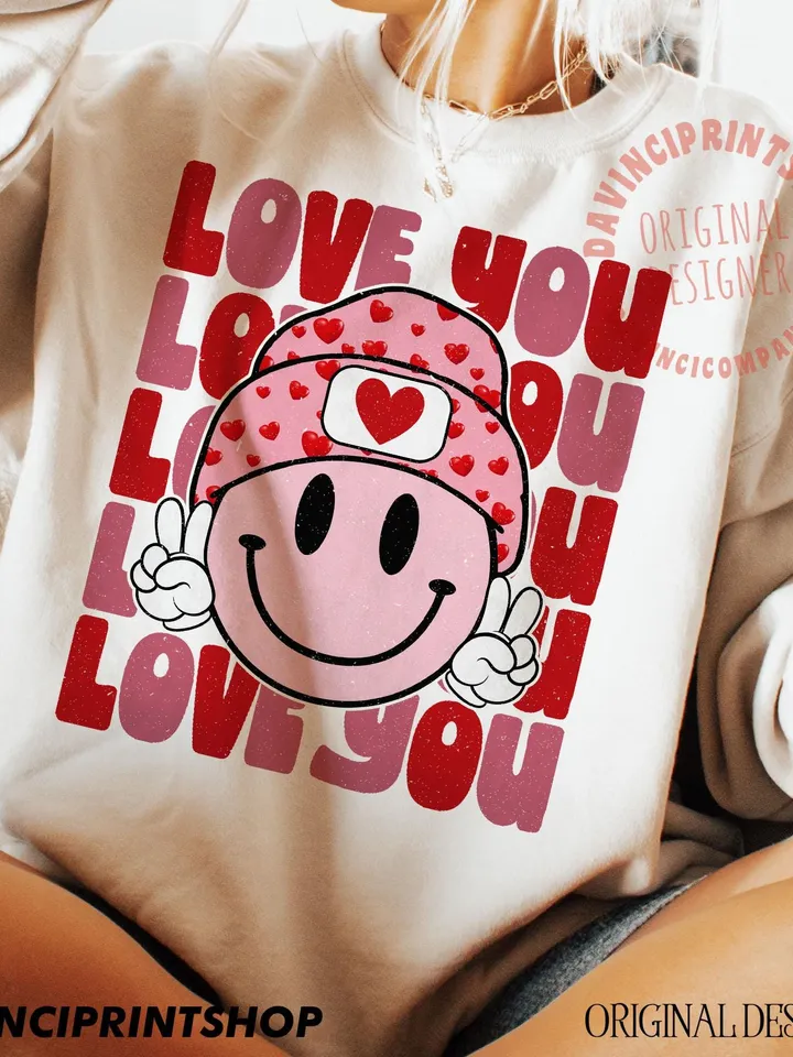 Love You png, Retro Valentines png, Valentines Day png, Valentines Shirt png, Love Sublimation, Retro Smile Face png, Sublimation png design