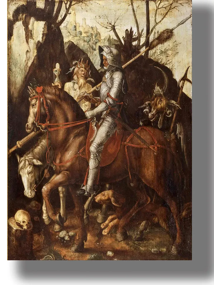 Knight, Death, Devil. Famous style artwork. Dark aesthetic print.