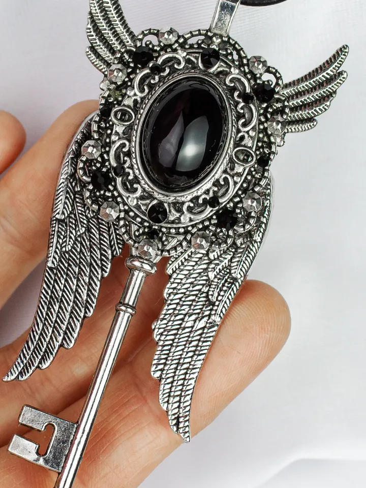 Gothic Winged Key Necklace with Black Obsidian and Swarovski Crystals – Vintage Steampunk Jewelry
