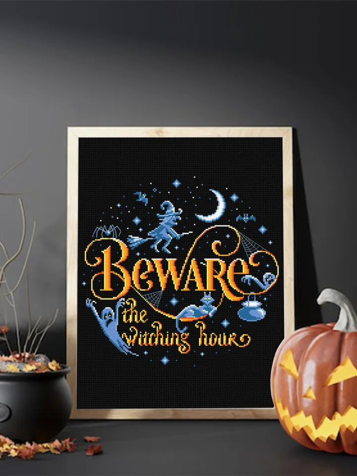 Halloween quotes cross stitch pattern download PDF, Witch cross stitch chart, Beware the witching hour, Halloween pattern digital PDF #H38