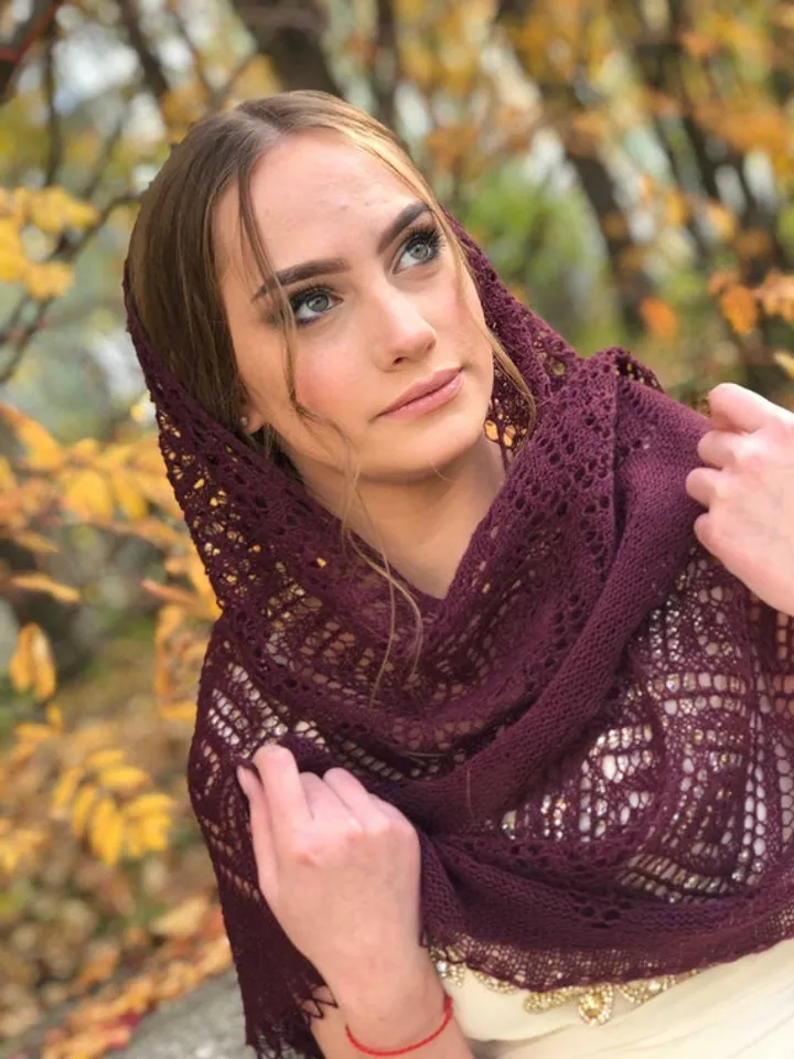 Hand knit merino wool shawl,Openwork marsala scarf for her, Crochet scarves for women,Warm woolen wrap,Birthday gift,Boho Style wrap.