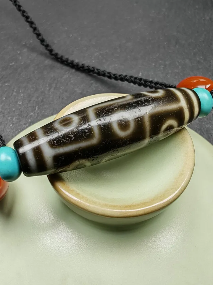 Gandhanra Vintage Tibetan 9 Eyes Dzi Bead Necklace,Protective Charm,Spiritual Gift,1.5" x 0.4"