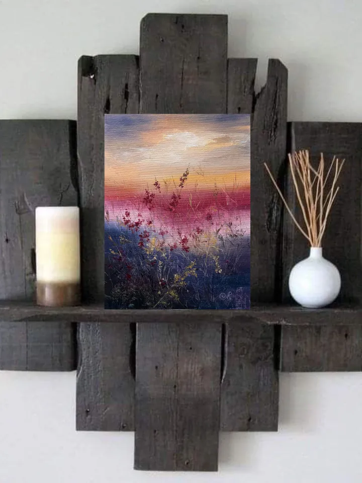 Sunset Oil Painting Meadow Wall Art Field Original Painting