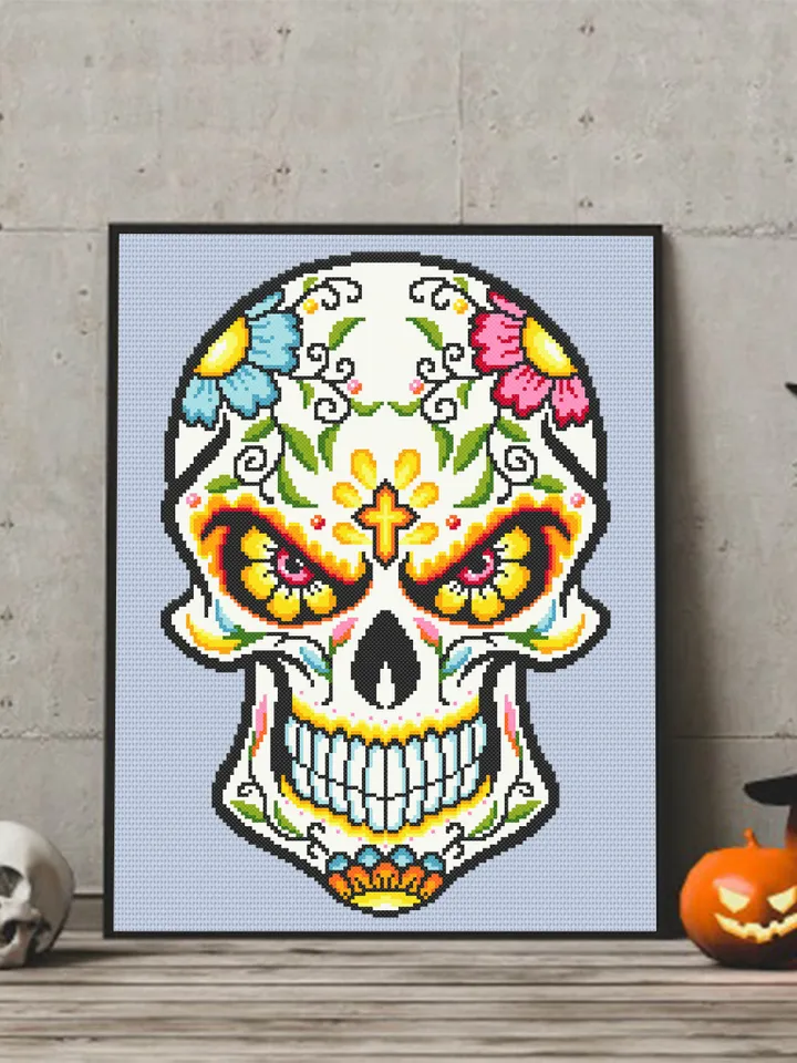 Halloween sugar skull cross stitch pattern download PDF Day of the Dead pattern PDF Mexican skull beginner stitch Flower skull painting #H27