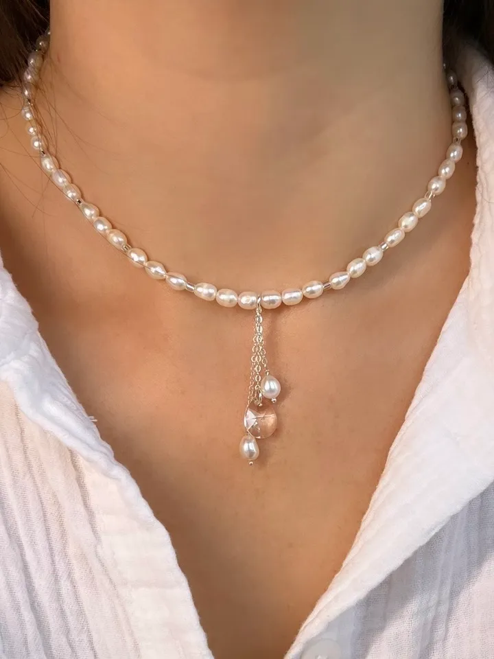 Pearl Silver 925 Jewelry Set Necklace Earrings PEARL TEARS
