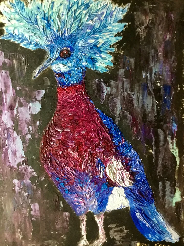 Pigeon oil painting ,Original impasto oil painting,Funny bright pigeon bird with a crown