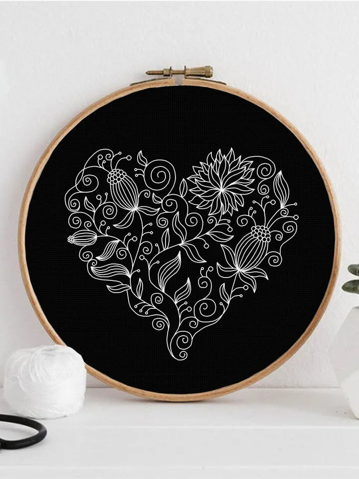 Floral heart blackwork pattern PDF download Flower heart embroidery, Backstitch chart Heart ornament, Floral curls Blackwork embroidery #W35